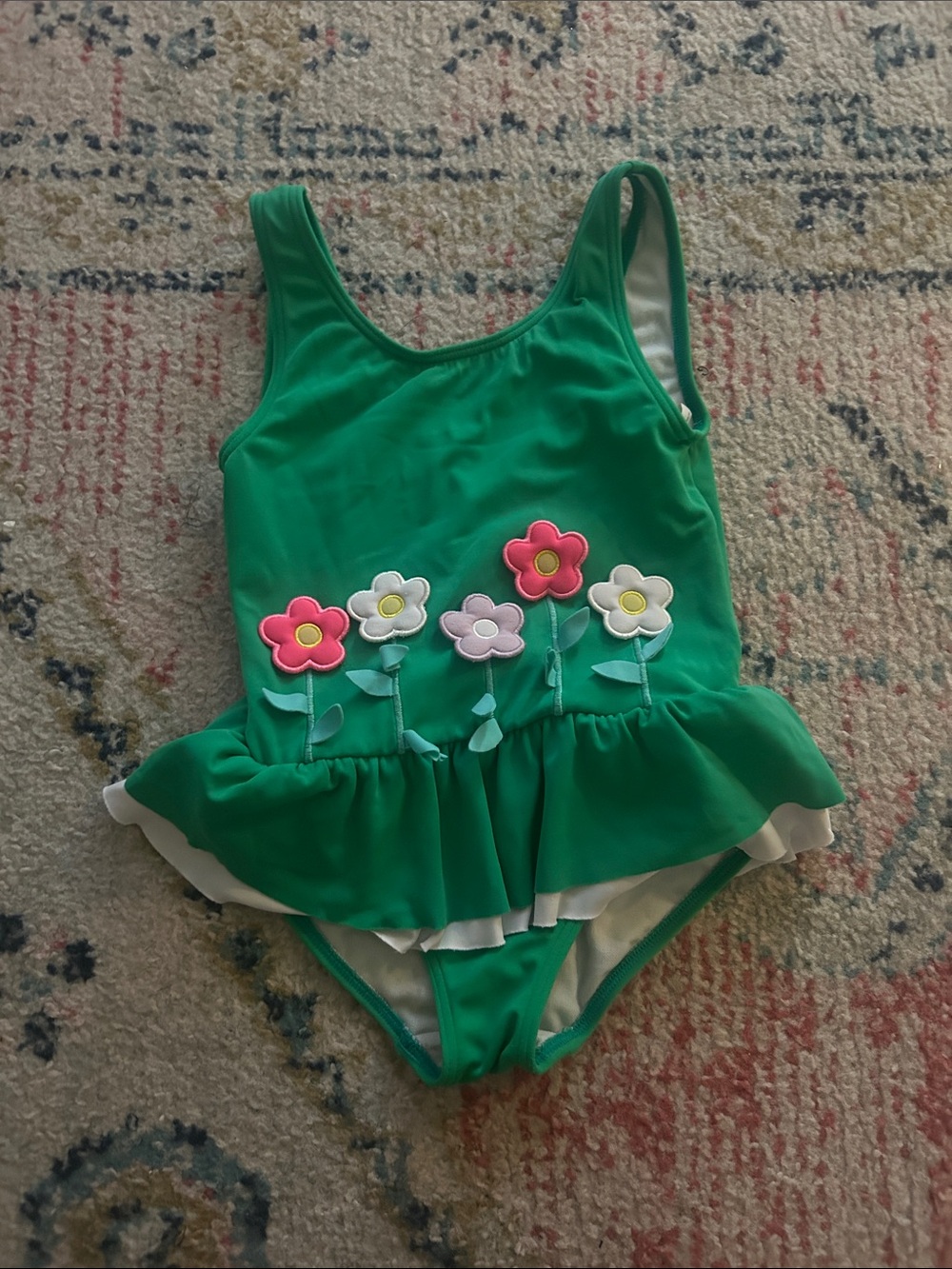 Mini Boden Green Floral Appliqué Ruffle One-Piece Swimsuit